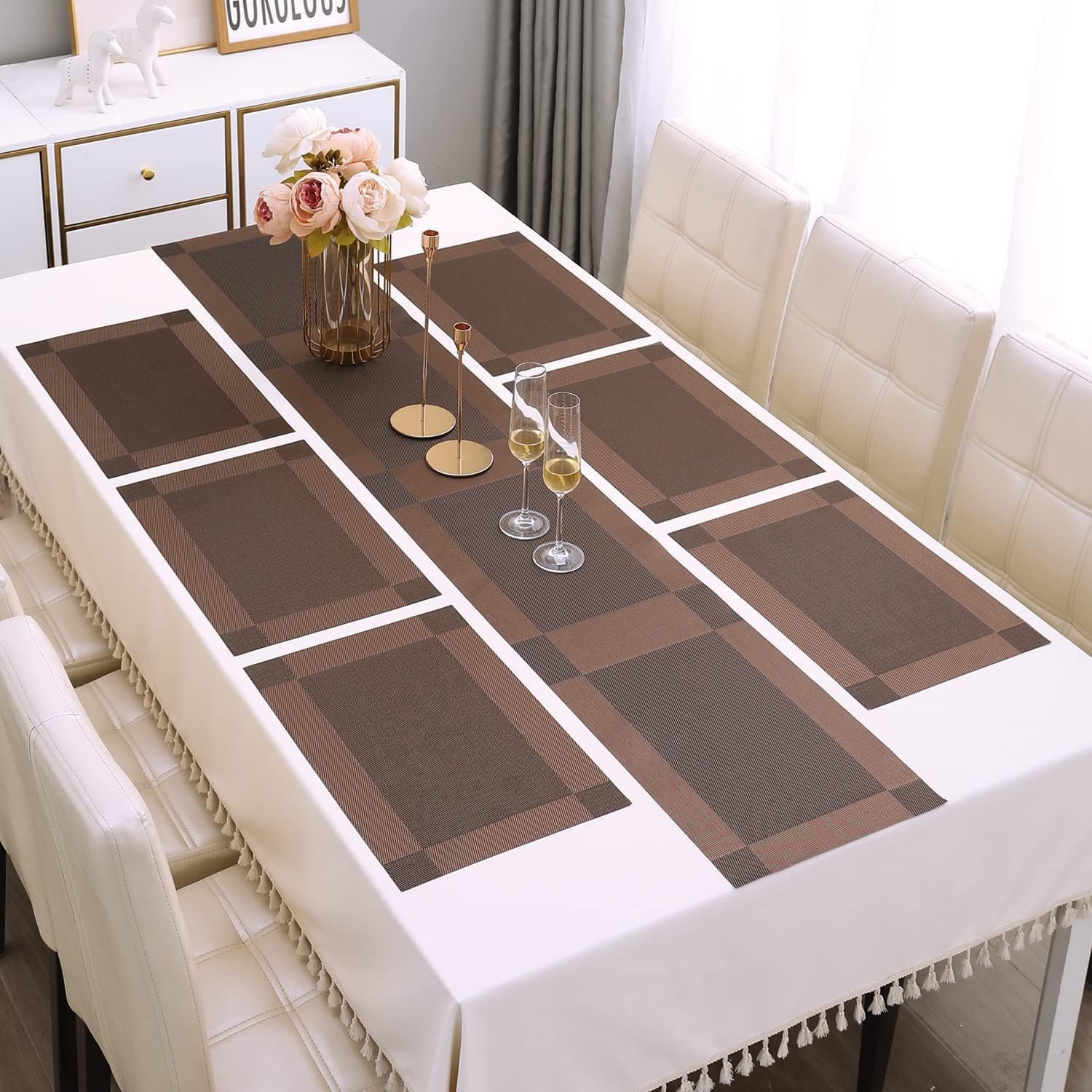 7Pcs Placemats Set with Runner for Dining Table